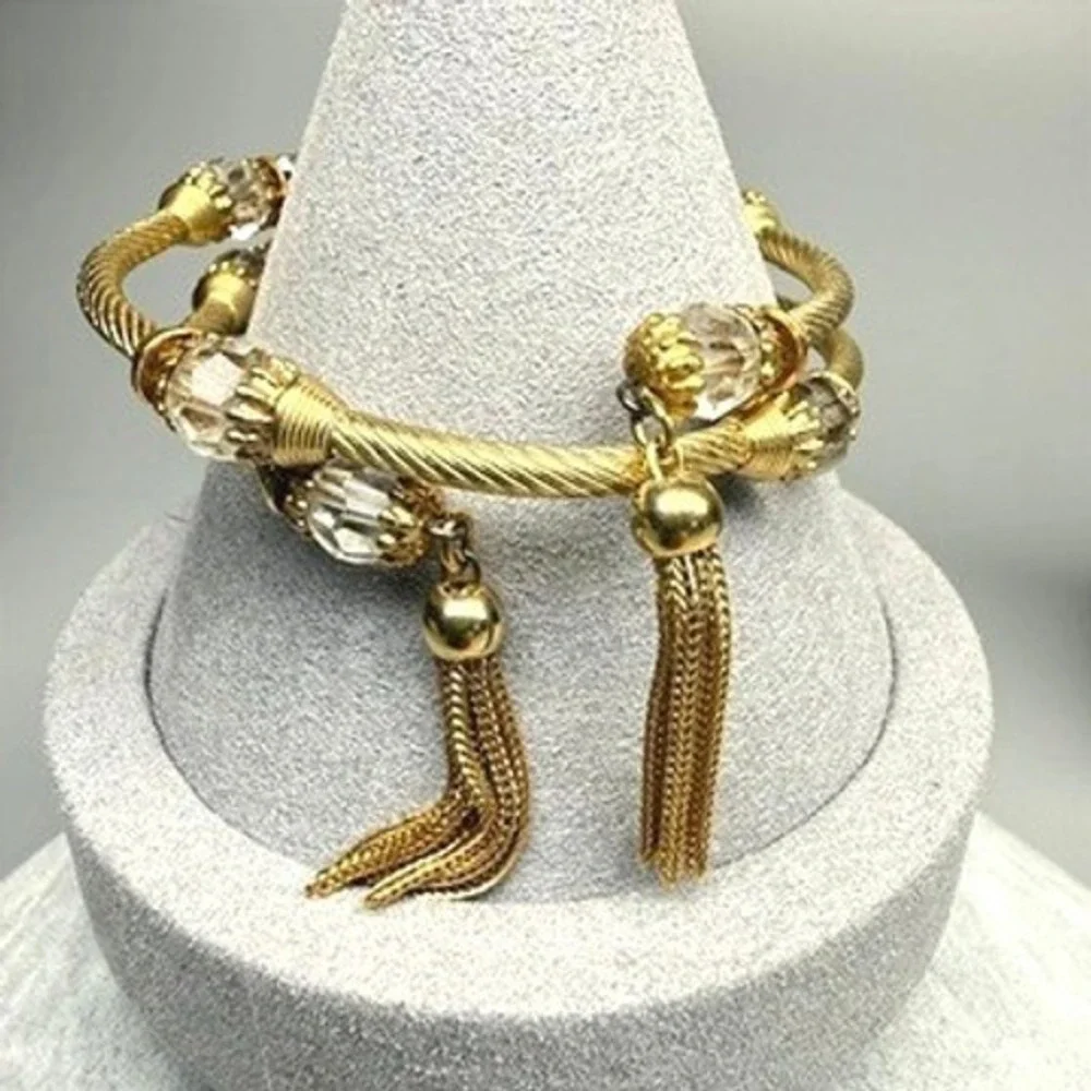 Vintage Tassel Cable Bypass Bracelet Gold Tone 1990s Classy Chic 6